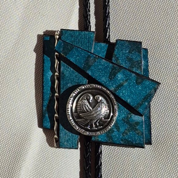 Handmade Geometric Shape Bolo Tie with Double Dove Bird Medallion - Picture 7 of 16